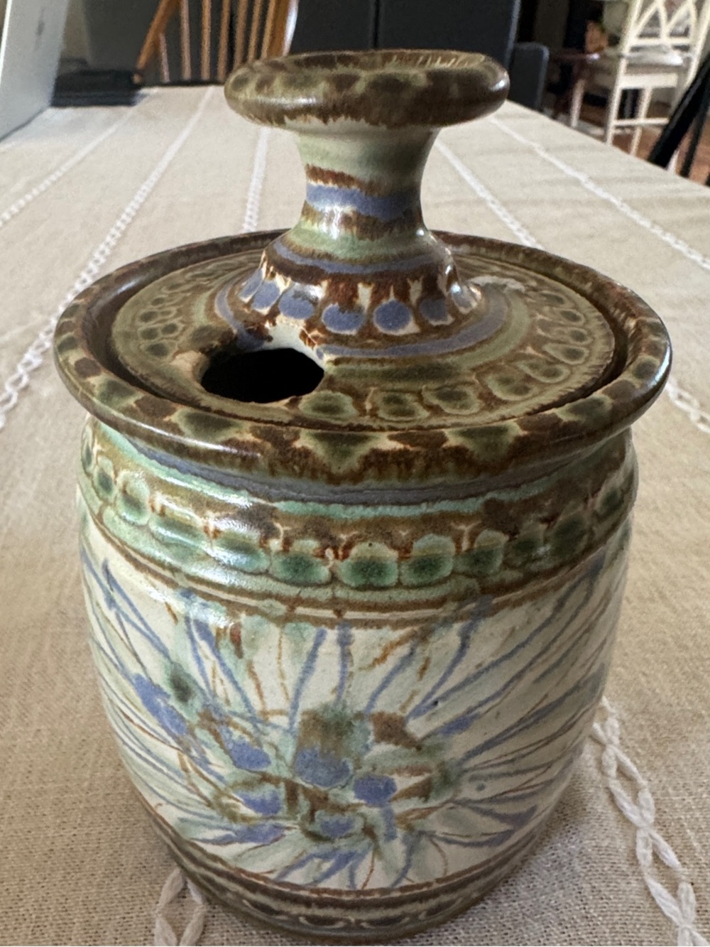 Handcrafted Ceramic Lidded Jar in Green and Blue hole for spoon 4x3 honey or jam